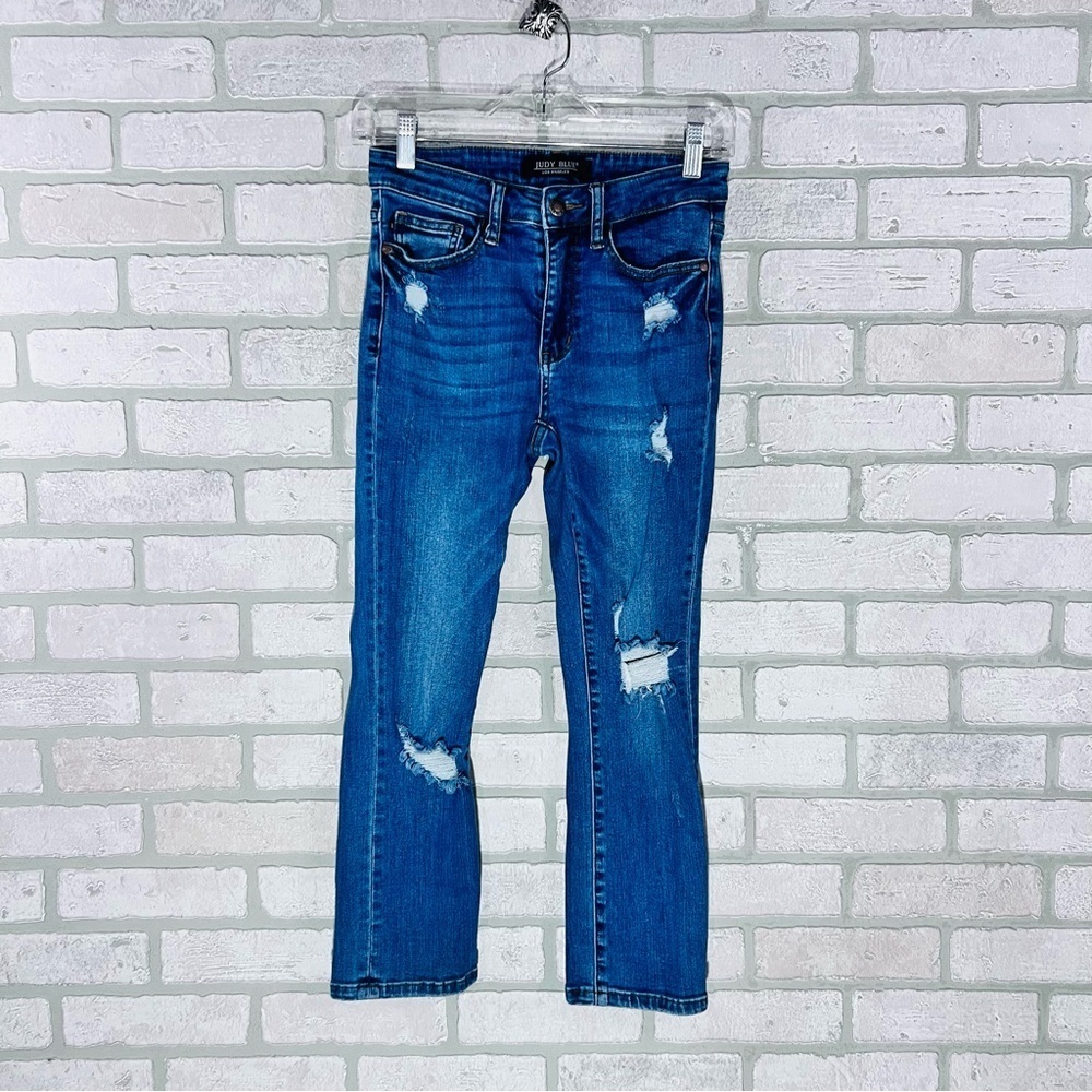 Judy Blue Distressed Cropped Ankle Skinny Jeans in Blue Size 3/26 - Picture 3 of 9